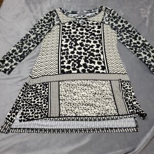 Lynn Ritchie Silver Shirt Womens Small Tunic Top Black Sheer 3/4 Sleeve Comfort